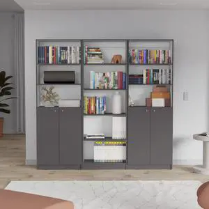 Arbor 3 Piece Home Bookcase set, 74" Wide with 11 Shelves and Two Double-Door Cabinet , Living Room Set Matt Gray / White Arbor 3 Piece Home Bookcase set, 74" Wide with 11 Shelves and Two Double-Door Cabinet , Living Room Set Matt Gray / White
