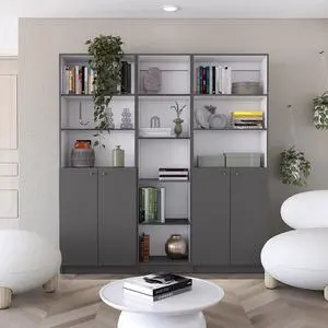 Acres 3 Piece Home Bookcase set, 67" Wide with 11 Shelves and Two Double-Door Cabinet , Living Room Set Matt Gray / White Acres 3 Piece Home Bookcase set, 67" Wide with 11 Shelves and Two Double-Door Cabinet , Living Room Set Matt Gray / White