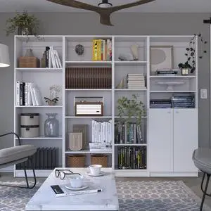 Dupree 4 Piece Home Bookcase set, 91" Wide with 17 Shelves And a Double-Door Cabinet , Living Room Set White Dupree 4 Piece Home Bookcase set, 91" Wide with 17 Shelves And a Double-Door Cabinet , Living Room Set White