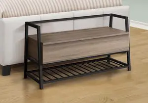 Bench, Entryway, Hallway, Storage, 42" Rectangular, Brown Laminate, Black Metal, Contemporary, Modern Bench, Entryway, Hallway, Storage, 42" Rectangular, Brown Laminate, Black Metal, Contemporary, Modern