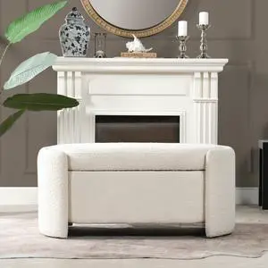 Fuji 43" Upholstered Oval Storage Bench, Ivory White Boucle Fuji 43" Upholstered Oval Storage Bench, Ivory White Boucle