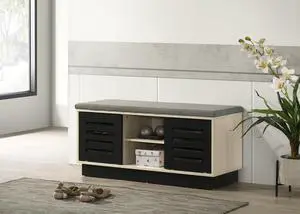 Brio 38.5"W Oak Finish Shoe Cabinet with Sliding Doors, Upholstered Top Brio 38.5"W Oak Finish Shoe Cabinet with Sliding Doors, Upholstered Top