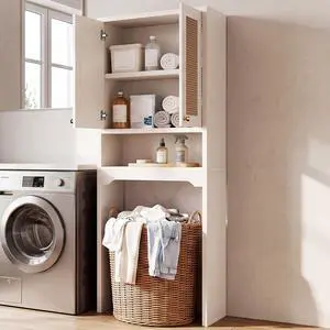 Over The Toilet Storage Cabinet, Freestanding Bathroom Organizer with 2 Rattan Doors, Farmhouse Space-Saving Toilet Rack with Open Shelf Over The Toilet Storage Cabinet, Freestanding Bathroom Organizer with 2 Rattan Doors, Farmhouse Space-Saving Toilet Rack with Open Shelf