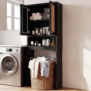 Over The Toilet Storage Cabinet, Freestanding Bathroom Organizer with 2 Rattan Doors, Farmhouse Space-Saving Toilet Rack with Open Shelf Over The Toilet Storage Cabinet, Freestanding Bathroom Organizer with 2 Rattan Doors, Farmhouse Space-Saving Toilet Rack with Open Shelf