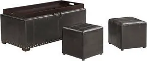 Leather Storage Bench with 2 Side Ottomans, Black Leather Storage Bench with 2 Side Ottomans, Black