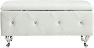 White Tufted Bonded Leather Storage Bench with Crystal Decor, Upholstered Bedroom Bench Ottoman with Hidden Storage for Entryway Bed End Living Room White Tufted Bonded Leather Storage Bench with Crystal Decor, Upholstered Bedroom Bench Ottoman with Hidden Storage for Entryway Bed End Living Room