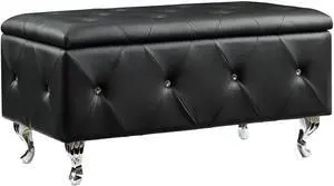 Black Tufted Bonded Leather Storage Bench with Crystal Decor, Upholstered Bedroom Bench Ottoman with Hidden Storage for Entryway Bed End Living Room Black Tufted Bonded Leather Storage Bench with Crystal Decor, Upholstered Bedroom Bench Ottoman with Hidden Storage for Entryway Bed End Living Room