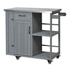 Outdoor Kitchen Island Fir Wood Prep Station Lockable Kitchen Cart with Stainless Top, Ample Storage Space, Towel and Spice Racks for Patio and Outdoor, Grey Outdoor Kitchen Island Fir Wood Prep Station Lockable Kitchen Cart with Stainless Top, Ample Storage Space, Towel and Spice Racks for Patio and Outdoor, Grey