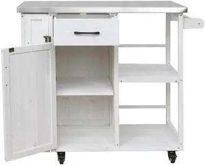 Outdoor Kitchen Island Fir Wood Prep Station Lockable Kitchen Cart with Stainless Top, Ample Storage Space, Towel and Spice Racks for Patio and Outdoor, White Outdoor Kitchen Island Fir Wood Prep Station Lockable Kitchen Cart with Stainless Top, Ample Storage Space, Towel and Spice Racks for Patio and Outdoor, White