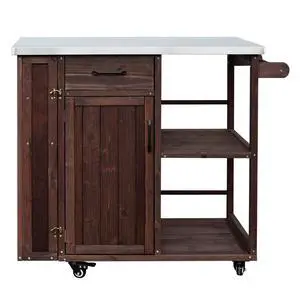 Outdoor Kitchen Island Fir Wood Prep Station Lockable Kitchen Cart with Stainless Top, Ample Storage Space, Towel and Spice Racks for Patio and Outdoor, Dark Brown Outdoor Kitchen Island Fir Wood Prep Station Lockable Kitchen Cart with Stainless Top, Ample Storage Space, Towel and Spice Racks for Patio and Outdoor, Dark Brown