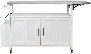 Foldable Outdoor Kitchen Island Patio Mobile Kitchen Cart Portable Outdoor Cooking Island with Lockable Wheels, Storage Cabinet and Towel Rack for Patio and Outdoor, White Foldable Outdoor Kitchen Island Patio Mobile Kitchen Cart Portable Outdoor Cooking Island with Lockable Wheels, Storage Cabinet and Towel Rack for Patio and Outdoor, White
