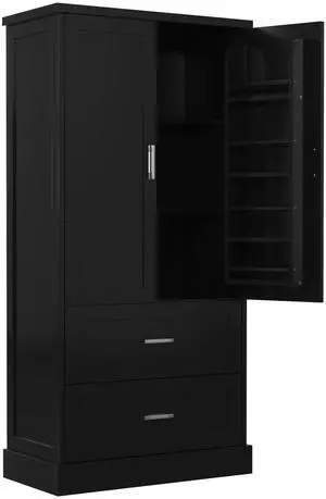 Tall Bathroom Storage Cabinet, Cabinet with Two Doors and Drawers, Adjustable Shelf, MDF Board, Black Tall Bathroom Storage Cabinet, Cabinet with Two Doors and Drawers, Adjustable Shelf, MDF Board, Black