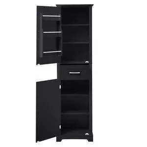 Tall Bathroom Storage Cabinet, Freestanding Storage Cabinet with Two Doors and Adjustable Shelves, Door Shelve Design, MDF Board with Painted Finish, Black Tall Bathroom Storage Cabinet, Freestanding Storage Cabinet with Two Doors and Adjustable Shelves, Door Shelve Design, MDF Board with Painted Finish, Black