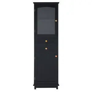63" Tall Bathroom Storage Cabinet with Glass Doors, Free-Standing, Two Drawers, and Adjustable Shelves, MDF Board, Painted Black - Perfect for Displaying Your Favorite Items 63" Tall Bathroom Storage Cabinet with Glass Doors, Free-Standing, Two Drawers, and Adjustable Shelves, MDF Board, Painted Black - Perfect for Displaying Your Favorite Items