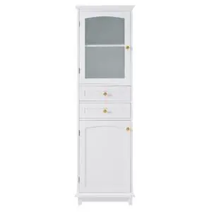 63" Tall Bathroom Storage Cabinet with Glass Doors, Free-Standing, Two Drawers, and Adjustable Shelves, MDF Board, Painted white - Perfect for Displaying Your Favorite Items 63" Tall Bathroom Storage Cabinet with Glass Doors, Free-Standing, Two Drawers, and Adjustable Shelves, MDF Board, Painted white - Perfect for Displaying Your Favorite Items