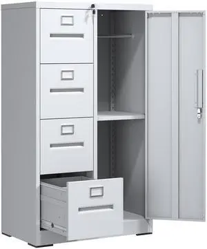 Metal Storage Vertical Filing Cabinet with Lock, Steel File Locker with 4 Drawers and 1 door for School, Living Room, Bedroom, Office (White) Metal Storage Vertical Filing Cabinet with Lock, Steel File Locker with 4 Drawers and 1 door for School, Living Room, Bedroom, Office (White)