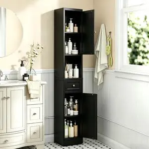 71 Inch Tall Bathroom Storage Cabinet, 5-Tier Narrow Metal Cabinet with 2 Doors & Adjustable Shelves, Freestanding Cabinet for Space Saving in Kitchen, Laundry Room, Pantry, Black 71 Inch Tall Bathroom Storage Cabinet, 5-Tier Narrow Metal Cabinet with 2 Doors & Adjustable Shelves, Freestanding Cabinet for Space Saving in Kitchen, Laundry Room, Pantry, Black