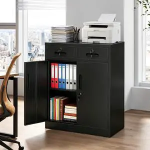 Metal Storage Cabinet with Lock and Two Drawers, 2-Door Office Storage Cabinet with 1 Adjustable Shelves, Heavy Duty Steel File Cabinet for Home, Office, Garage, School (Black, 35.5"H) Metal Storage Cabinet with Lock and Two Drawers, 2-Door Office Storage Cabinet with 1 Adjustable Shelves, Heavy Duty Steel File Cabinet for Home, Office, Garage, School (Black, 35.5"H)