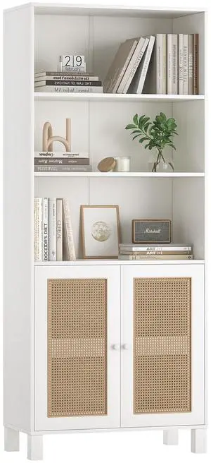 Tall Bookcase with Rattan Doors,5 Tier Storage Wood Shelves Large Bookshelf for Library Living Room Bedroom Home Office,White Tall Bookcase with Rattan Doors,5 Tier Storage Wood Shelves Large Bookshelf for Library Living Room Bedroom Home Office,White