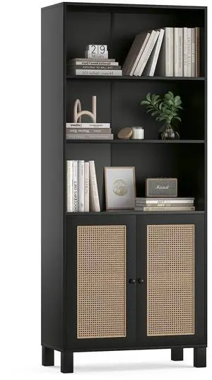 Tall Bookcase with Rattan Doors,5 Tier Storage Wood Shelves Large Bookshelf for Library Living Room Bedroom Home Office,Black Tall Bookcase with Rattan Doors,5 Tier Storage Wood Shelves Large Bookshelf for Library Living Room Bedroom Home Office,Black