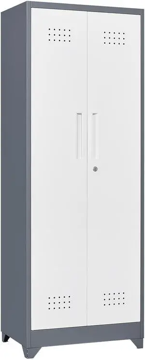 Broom Storage Cabinet With Locking Doors And Shelves, 65" H Metal Storage Cabinet With Hanging Rod & S-Hooks, Cleaning Tool Storage Cabinet Grey Broom Storage Cabinet With Locking Doors And Shelves, 65" H Metal Storage Cabinet With Hanging Rod & S-Hooks, Cleaning Tool Storage Cabinet Grey