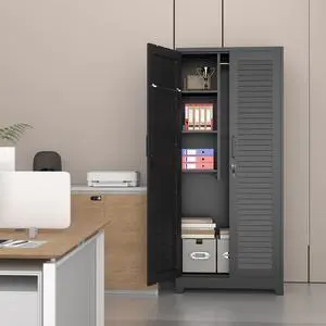 Metal Broom Closet, Garage Storage Cabinet, Tool Chest Bathroom Cabinet with Locking Doors and Wheels, Tall Utility Cabinet with Hanging Rod, Freestanding Storage Cabinet for Cleaning Supplies Metal Broom Closet, Garage Storage Cabinet, Tool Chest Bathroom Cabinet with Locking Doors and Wheels, Tall Utility Cabinet with Hanging Rod, Freestanding Storage Cabinet for Cleaning Supplies