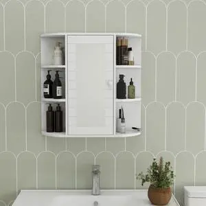 Bathroom Medicine Cabinet with Mirror, Wall Mounted Bathroom Cabinet with Mirror Door, 6 Open Shelves,3 Adjustable Shelves for Bathroom Living Room Laundry Bedroom-White Bathroom Medicine Cabinet with Mirror, Wall Mounted Bathroom Cabinet with Mirror Door, 6 Open Shelves,3 Adjustable Shelves for Bathroom Living Room Laundry Bedroom-White