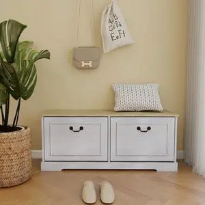 Shoe Storage Bench with 2 Flip Drawers and Adjustable Shelf for Entryway, Hallway, Bedroom-Antique White Shoe Storage Bench with 2 Flip Drawers and Adjustable Shelf for Entryway, Hallway, Bedroom-Antique White