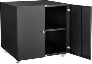 Black Steel Double-Door Printer Cabinet with 360° Lockable Casters & Adjustable Shelves, Modern Storage Organizer for Office, Home & Garage Black Steel Double-Door Printer Cabinet with 360° Lockable Casters & Adjustable Shelves, Modern Storage Organizer for Office, Home & Garage