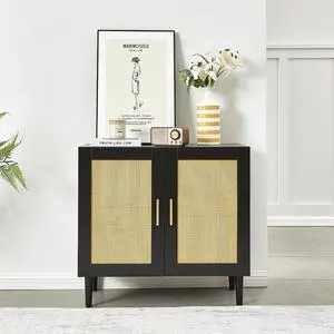 Side panel buffet cabinet with natural rattan door, rattan storage cabinet with adjustable shelves, side panel and buffet with storage space, modern console cabinet in bedroom and living room Side panel buffet cabinet with natural rattan door, rattan storage cabinet with adjustable shelves, side panel and buffet with storage space, modern console cabinet in bedroom and living room