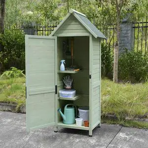 Outdoor Wooden Storage Shed, Tall Narrow Garden Tool Cabinet with Lockable Door & 2 Shelves, Waterproof Asphalt Roof, Vertical Tool Organizer for Patio, Backyard, Lawn Outdoor Wooden Storage Shed, Tall Narrow Garden Tool Cabinet with Lockable Door & 2 Shelves, Waterproof Asphalt Roof, Vertical Tool Organizer for Patio, Backyard, Lawn