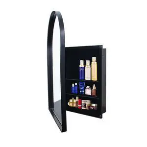 24x36 Inch Arched Recessed Medicine Cabinet, Metal Framed Bathroom Wall Cabinet with Mirror and Adjustable Shelves, Wall Mirror with Storage for Bathroom, Matte Black 24x36 Inch Arched Recessed Medicine Cabinet, Metal Framed Bathroom Wall Cabinet with Mirror and Adjustable Shelves, Wall Mirror with Storage for Bathroom, Matte Black