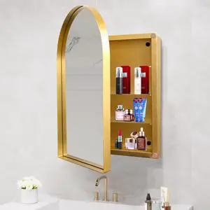 24x36 Inch Arched Recessed Medicine Cabinet, Metal Framed Bathroom Wall Cabinet with Mirror and Adjustable Shelves, Wall Mirror with Storage for Bathroom, Matte Gold 24x36 Inch Arched Recessed Medicine Cabinet, Metal Framed Bathroom Wall Cabinet with Mirror and Adjustable Shelves, Wall Mirror with Storage for Bathroom, Matte Gold
