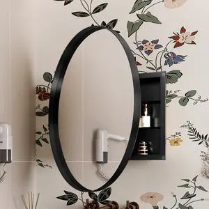 31.5 Inch Surface Mount Round Metal Framed Medicine Cabinet with Mirror and Adjustable Shelves Black Wall Mirror with Storage for Bathroom, Matte Black 31.5 Inch Surface Mount Round Metal Framed Medicine Cabinet with Mirror and Adjustable Shelves Black Wall Mirror with Storage for Bathroom, Matte Black