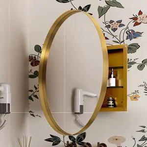 31.5 Inch Surface Mount Round Metal Framed Medicine Cabinet with Mirror and Adjustable Shelves Black Wall Mirror with Storage for Bathroom, Matte Gold 31.5 Inch Surface Mount Round Metal Framed Medicine Cabinet with Mirror and Adjustable Shelves Black Wall Mirror with Storage for Bathroom, Matte Gold