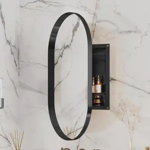 20x34 Inch Oval Recessed Medicine Cabinet, Metal Framed Bathroom Wall Cabinet with Mirror and Adjustable Shelves, Wall Mirror with Storage for Bathroom, Matte Black 20x34 Inch Oval Recessed Medicine Cabinet, Metal Framed Bathroom Wall Cabinet with Mirror and Adjustable Shelves, Wall Mirror with Storage for Bathroom, Matte Black