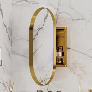 20x34 Inch Oval Recessed Medicine Cabinet, Metal Framed Bathroom Wall Cabinet with Mirror and Adjustable Shelves, Wall Mirror with Storage for Bathroom, Matte Gold 20x34 Inch Oval Recessed Medicine Cabinet, Metal Framed Bathroom Wall Cabinet with Mirror and Adjustable Shelves, Wall Mirror with Storage for Bathroom, Matte Gold