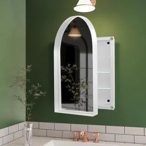 24x36 Inch Arched Recessed Medicine Cabinet, Metal Framed Bathroom Wall Cabinet with Mirror and Adjustable Shelves, Wall Mirror with Storage for Bathroom, White 24x36 Inch Arched Recessed Medicine Cabinet, Metal Framed Bathroom Wall Cabinet with Mirror and Adjustable Shelves, Wall Mirror with Storage for Bathroom, White