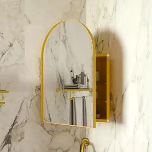 18x24 Inch Metal Corner Medicine Cabinet with Arched Mirror, Adjustable Glass Shelves, Space-Saving Bathroom Storage Organizer for Small Spaces, Matte Gold 18x24 Inch Metal Corner Medicine Cabinet with Arched Mirror, Adjustable Glass Shelves, Space-Saving Bathroom Storage Organizer for Small Spaces, Matte Gold