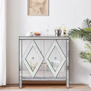 Storage Cabinet With Mirror Trim And Diamond Shape Design Spliced Combination For Living Room, Dining Room, Entryway, Kitchen Storage Cabinet With Mirror Trim And Diamond Shape Design Spliced Combination For Living Room, Dining Room, Entryway, Kitchen