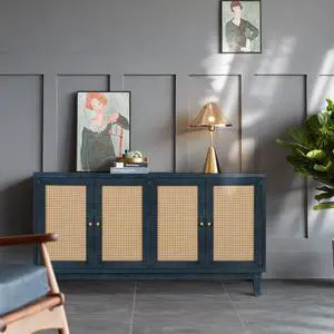Handcrafted Premium Grain Panels,Rattan Sideboard Buffer Cabinet,Accent Storage Cabinet With 4 Rattan Doors, Modern Storage Cupboard Console Table with Adjustable Shelves for Living Room ,BLUE Handcrafted Premium Grain Panels,Rattan Sideboard Buffer Cabinet,Accent Storage Cabinet With 4 Rattan Doors, Modern Storage Cupboard Console Table with Adjustable Shelves for Living Room ,BLUE