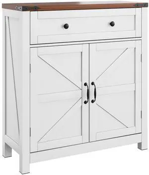 Farmhouse Storage Cabinet with Drawer and Adjustable Shelf, White Kitchen Cabinet with Walnut Countertop, Modern Coffee Bar Console Cabinet for Kitchen, Dining Room, Bathroom, Entryway Farmhouse Storage Cabinet with Drawer and Adjustable Shelf, White Kitchen Cabinet with Walnut Countertop, Modern Coffee Bar Console Cabinet for Kitchen, Dining Room, Bathroom, Entryway