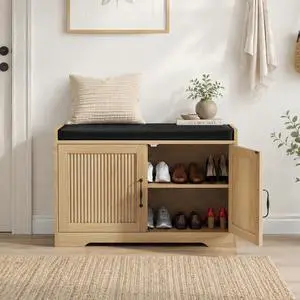 31.5-inch oak-colored entryway shoe bench, entryway storage bench with double doors and comfortable upholstery, suitable for hallway and entrance areas. 31.5-inch oak-colored entryway shoe bench, entryway storage bench with double doors and comfortable upholstery, suitable for hallway and entrance areas.