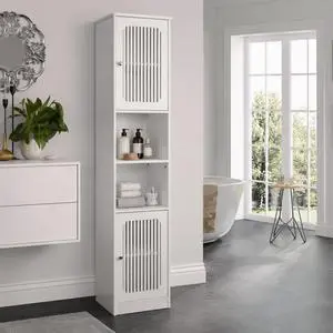 64-Inch Bathroom tall cabinet with adjustable drawer shelves, louvered door floor-standing storage unit, multi-tiered vertical narrow storage cabinet for bathroom, white. 64-Inch Bathroom tall cabinet with adjustable drawer shelves, louvered door floor-standing storage unit, multi-tiered vertical narrow storage cabinet for bathroom, white.