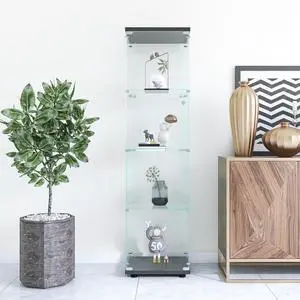 Glass Display Cabinet 4 Shelves with Door, Floor Standing Curio Bookshelf for Living Room Bedroom Office, 64.7"*16.7"*14.3", Black Glass Display Cabinet 4 Shelves with Door, Floor Standing Curio Bookshelf for Living Room Bedroom Office, 64.7"*16.7"*14.3", Black