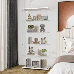 Glass Display Cabinet with 5 Shelves Double Door, Curio Cabinets for Living Room, Bedroom, Office, White Floor Standing Glass Bookshelf, Quick Installation Glass Display Cabinet with 5 Shelves Double Door, Curio Cabinets for Living Room, Bedroom, Office, White Floor Standing Glass Bookshelf, Quick Installation