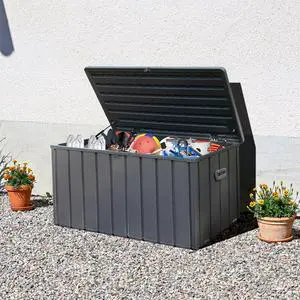 120 Gallon Outdoor Storage Deck Box Waterproof, Large Patio Storage Bin for Outside Cushions, Throw Pillows, Garden Tools, Lockable (Dark Gray) 120 Gallon Outdoor Storage Deck Box Waterproof, Large Patio Storage Bin for Outside Cushions, Throw Pillows, Garden Tools, Lockable (Dark Gray)