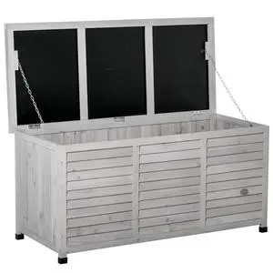 Outsunny 75 Gallon Wooden Deck Box, Outdoor Storage Container with Aerating Gap & Weather-Fighting Finish, Grey Outsunny 75 Gallon Wooden Deck Box, Outdoor Storage Container with Aerating Gap & Weather-Fighting Finish, Grey