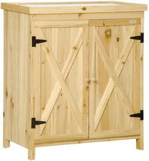 Outsunny Garden Storage Cabinet, Outdoor Tool Shed with Galvanized Top and Two Shelves for Yard Tools or Pool Accessories, Natural Outsunny Garden Storage Cabinet, Outdoor Tool Shed with Galvanized Top and Two Shelves for Yard Tools or Pool Accessories, Natural