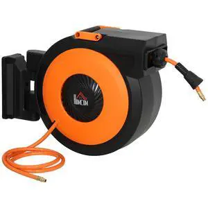 HOMCOM Retractable Air Hose Reel, Auto Rewind Air Compressor Hose Reel with Swivel Bracket, 3/8 in x 82 ft, 6.6 ft Lead in, 300 PSI, Black and Orange HOMCOM Retractable Air Hose Reel, Auto Rewind Air Compressor Hose Reel with Swivel Bracket, 3/8 in x 82 ft, 6.6 ft Lead in, 300 PSI, Black and Orange
